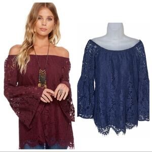 CHASER Women's Navy Off Shoulder Lace Bell Sleeve Blouse Size Medium